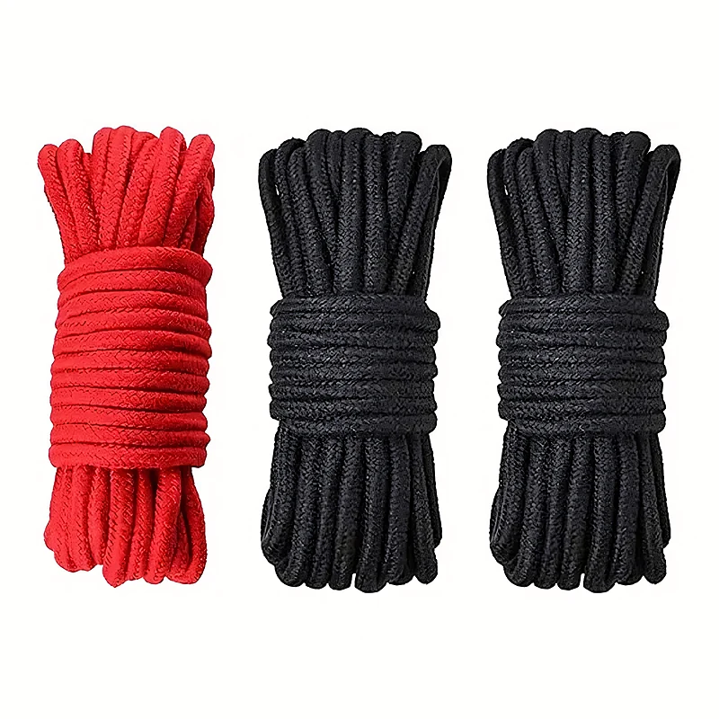 Trois rouleaux de corde en coton souple, noir et rouge