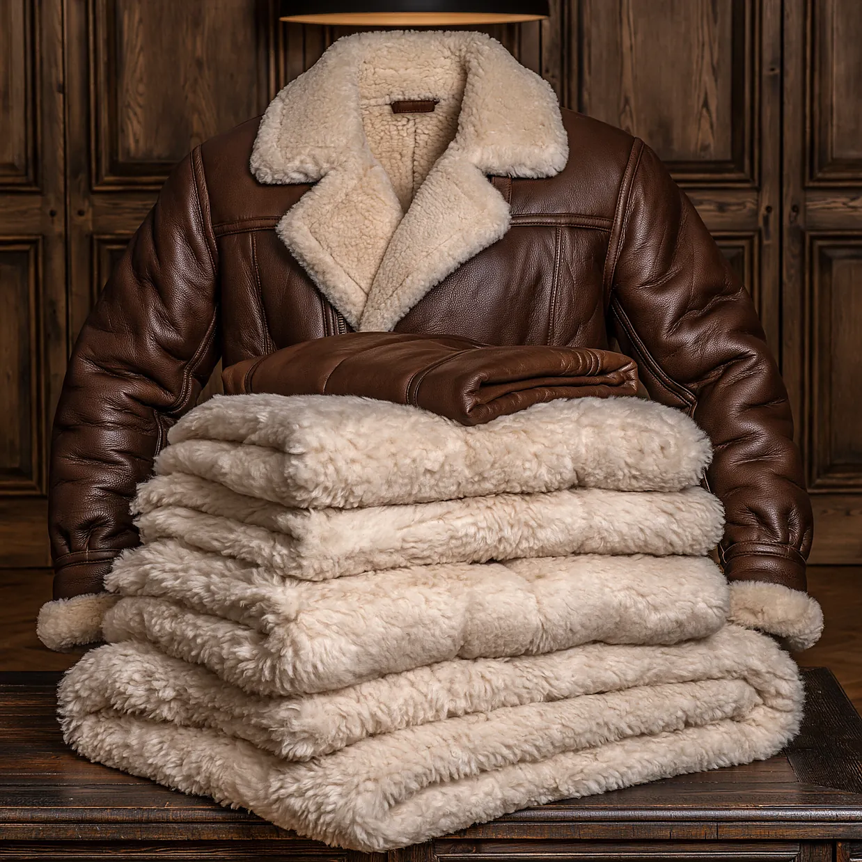 Un blouson de cuir brun à col de mouton retourné, derrière une pile de peaux lainées crème pliées, sur un meuble de bois sombre.