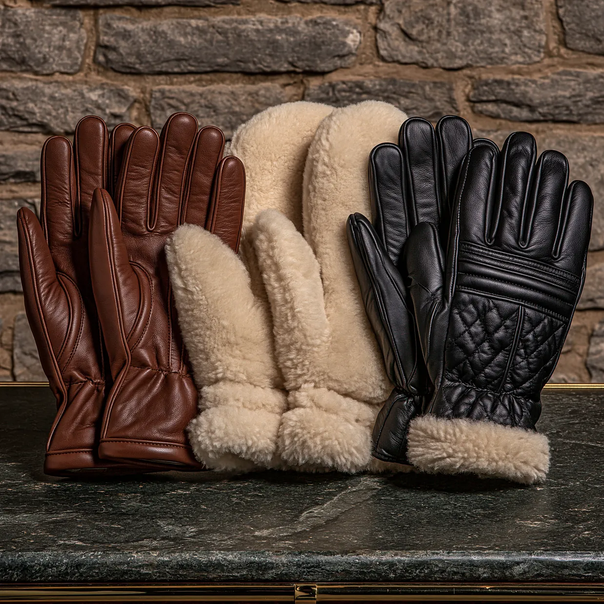 Des gants de cuir brun, des moufles de mouton crème et des gants noirs matelassés, alignés debout devant un mur de pierre.