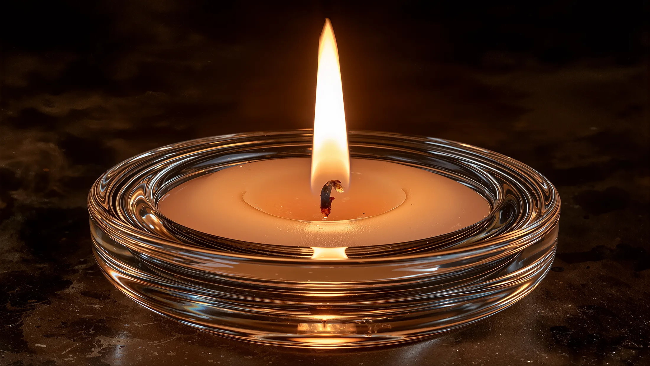 Gros plan sur la flamme d’une bougie dans un photophore de verre épais, posé sur une pierre sombre.