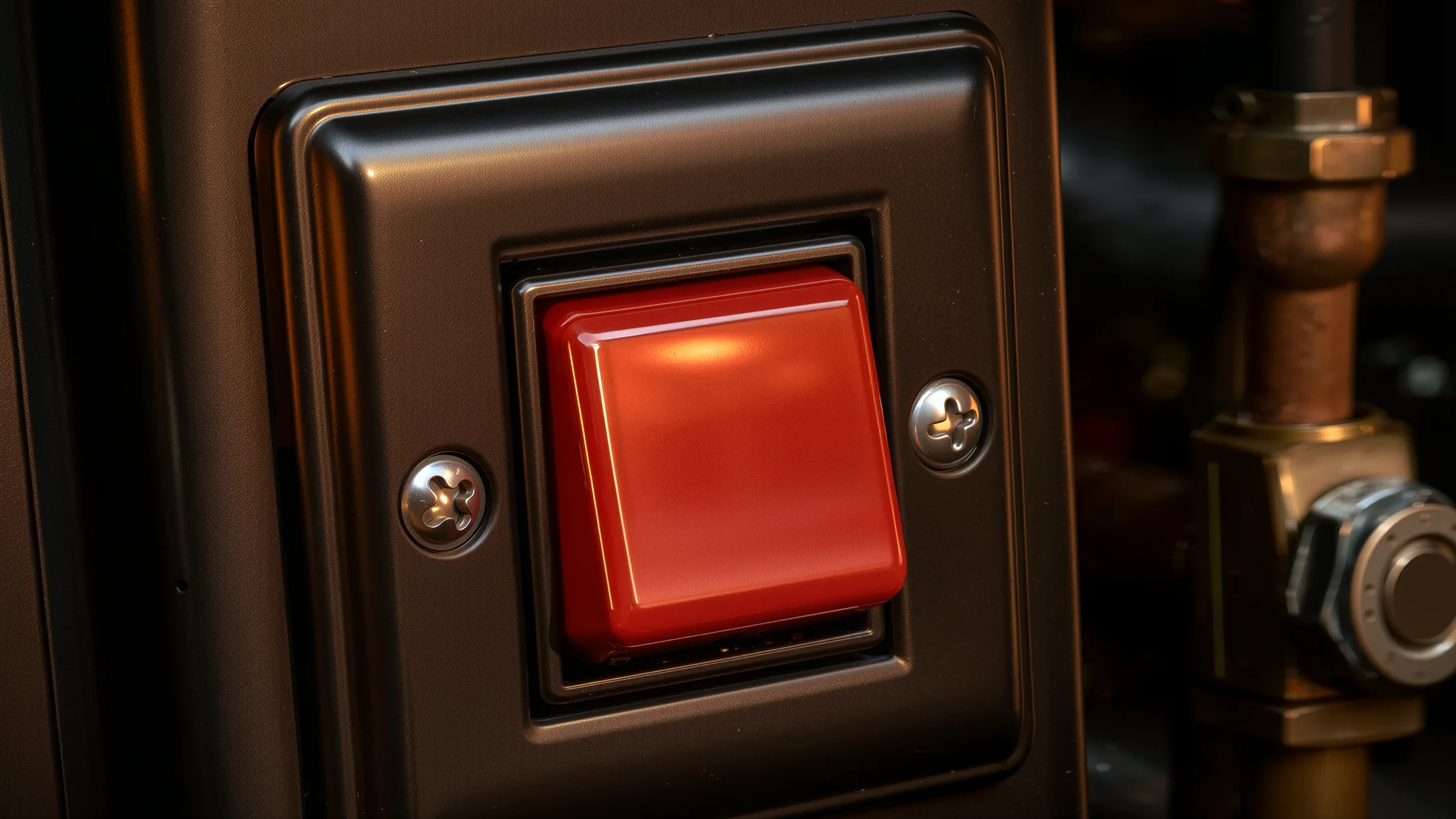 Un interrupteur rouge encastré dans un panneau métallique sombre, entouré de raccords de laiton, sous une lumière dirigée.
