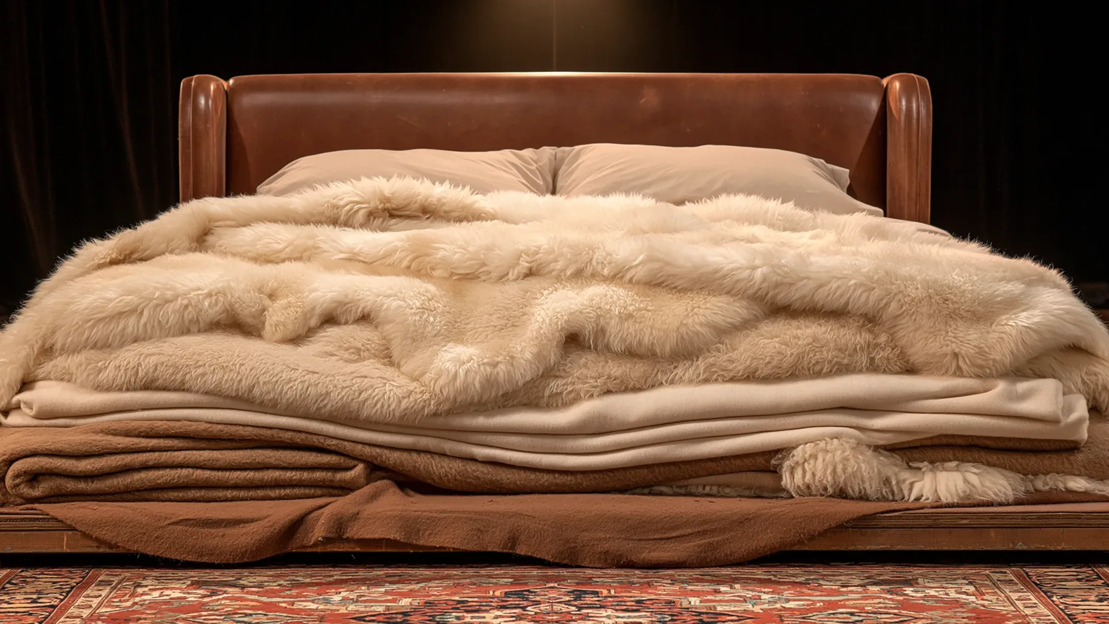 Une couche basse sur plateforme de bois, recouverte d’épaisses couches de peau de mouton et de couvertures de laine, devant un dosseret de cuir.