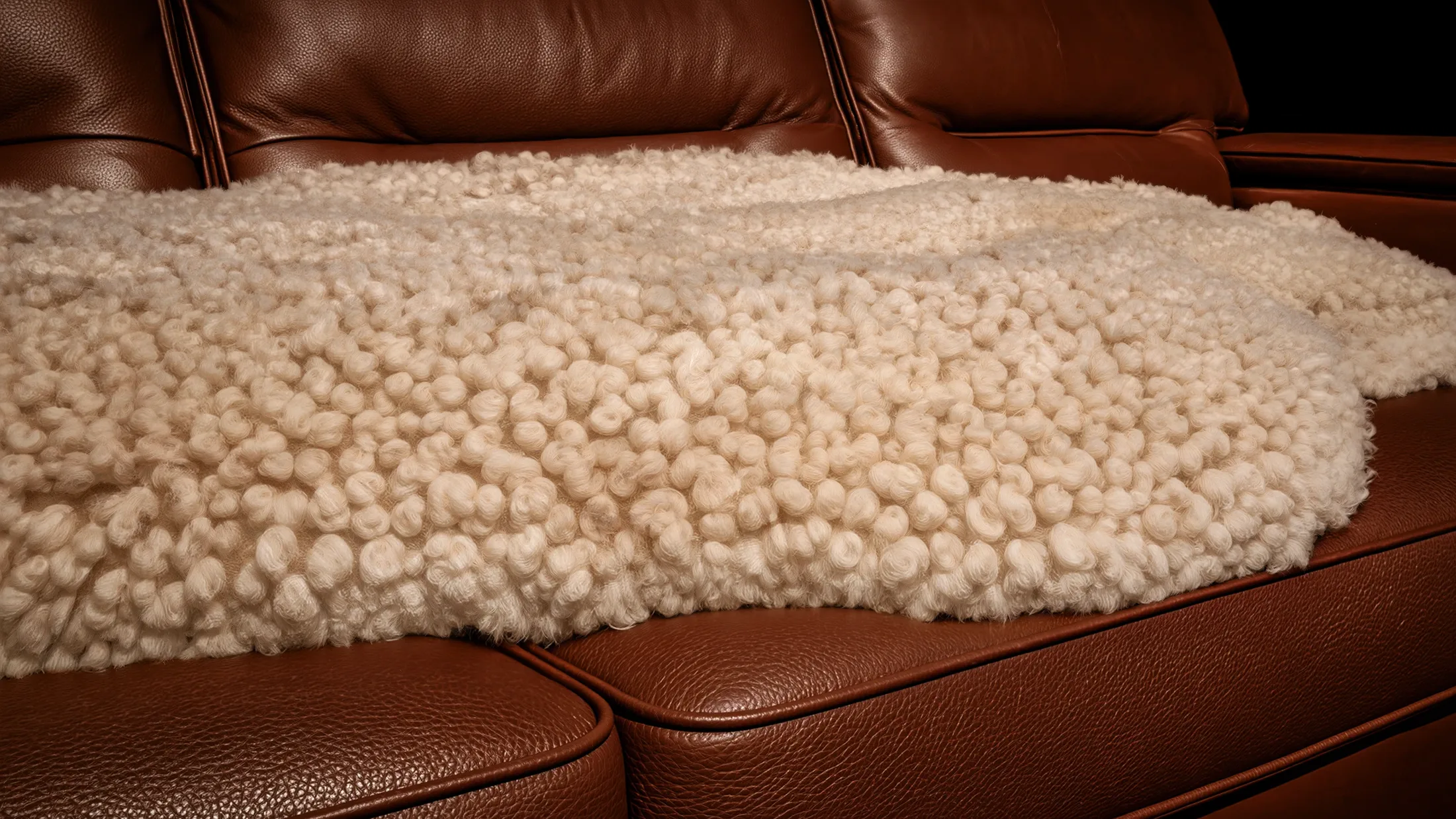 Une peau de mouton crème à poil long, étalée sur un canapé de cuir brun.